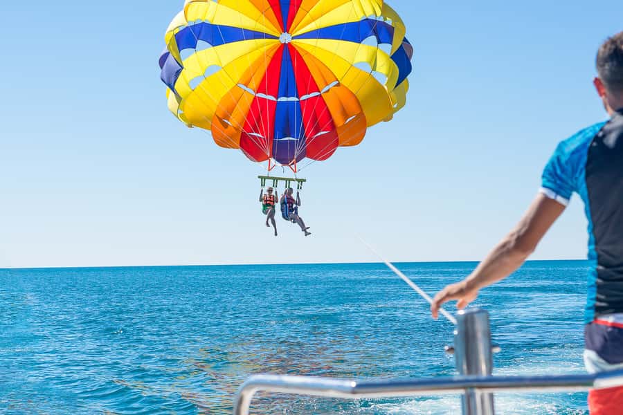 Hurghada: Parasailing Adventure on the Red Sea - Strapped in at the platform: 200 feet feels higher than it sounds