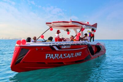 Parasailing in Dubai with Palm Jumeirah and JBR Beach views - Getting Rigged Correctly at Sea Life Watersports Dubai